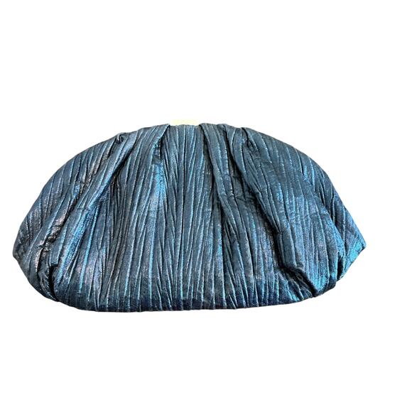 SONDRA ROBERTS Navy Blue Metallic Silk Gathered Pleated Evening Clutch Handbag - Picture 2 of 10
